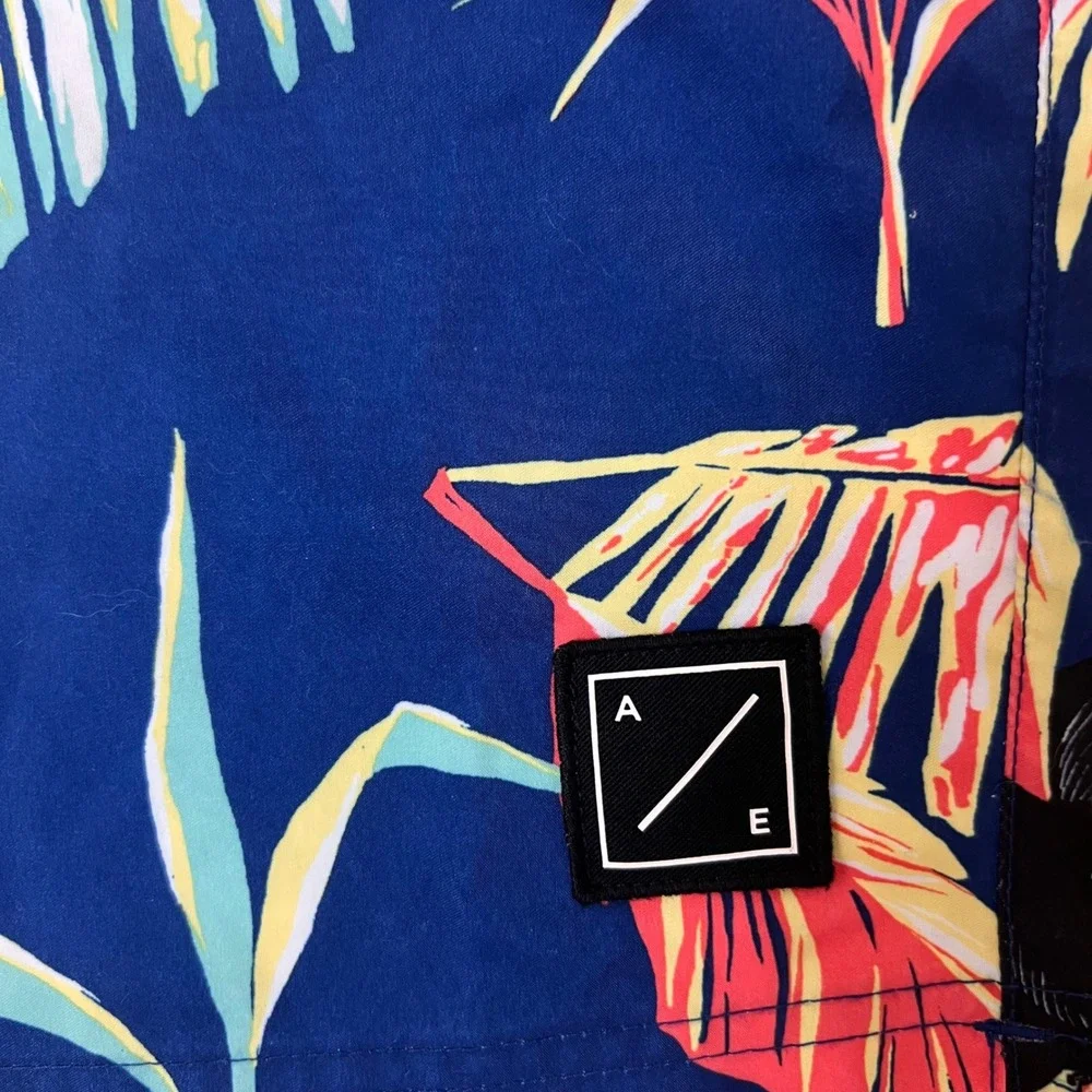 American Eagle Men's XS Blue Toucan Tropical Palm Print Swim Trunks Board Shorts
